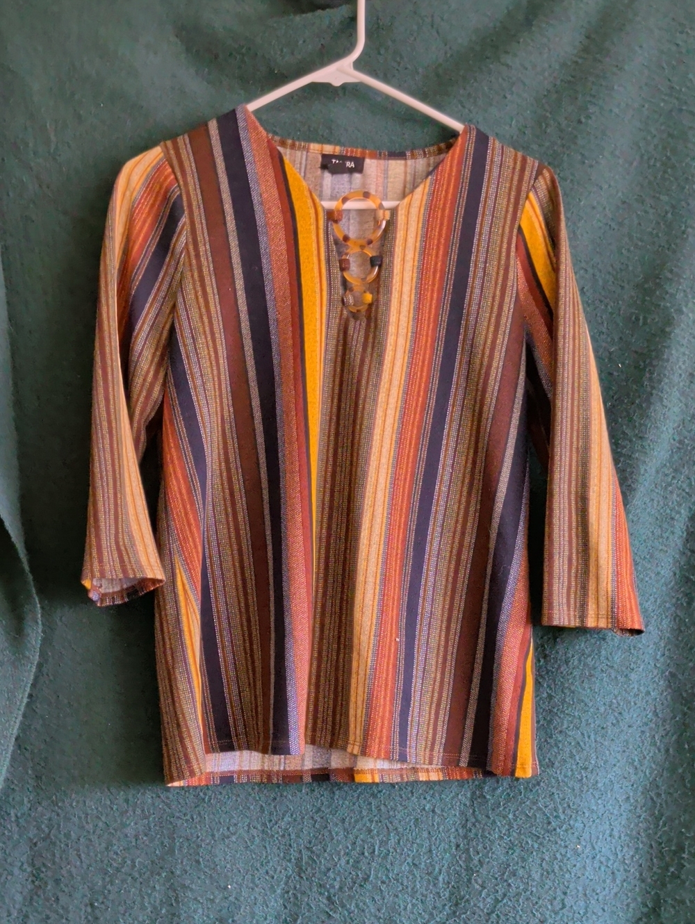 Tacera Striped Lace-Up Tunic in Navy, Mustard & Brown